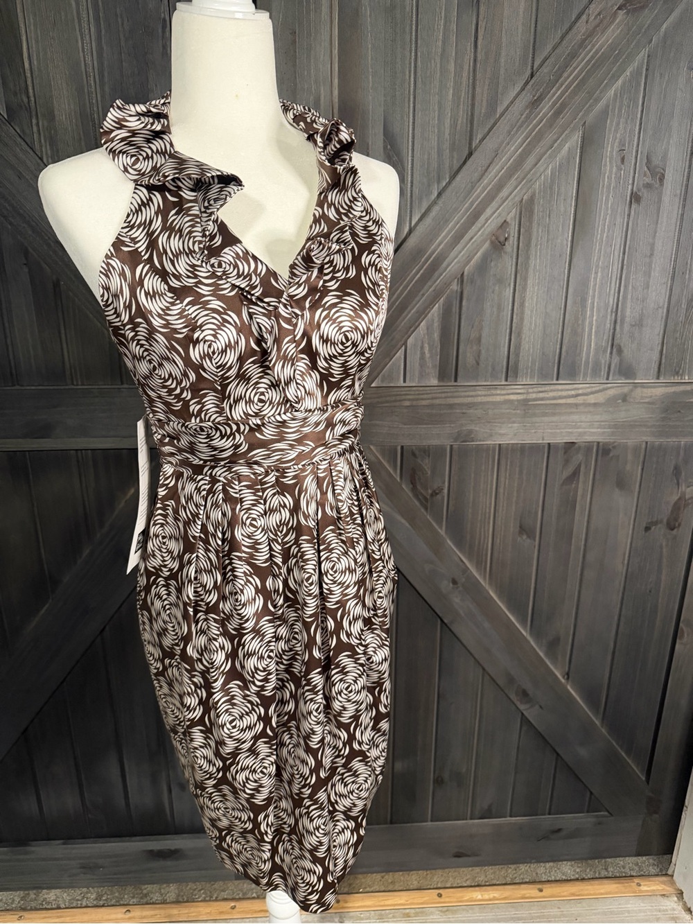 Saks Fifth Avenue Brown & White Floral Halter Midi Dress